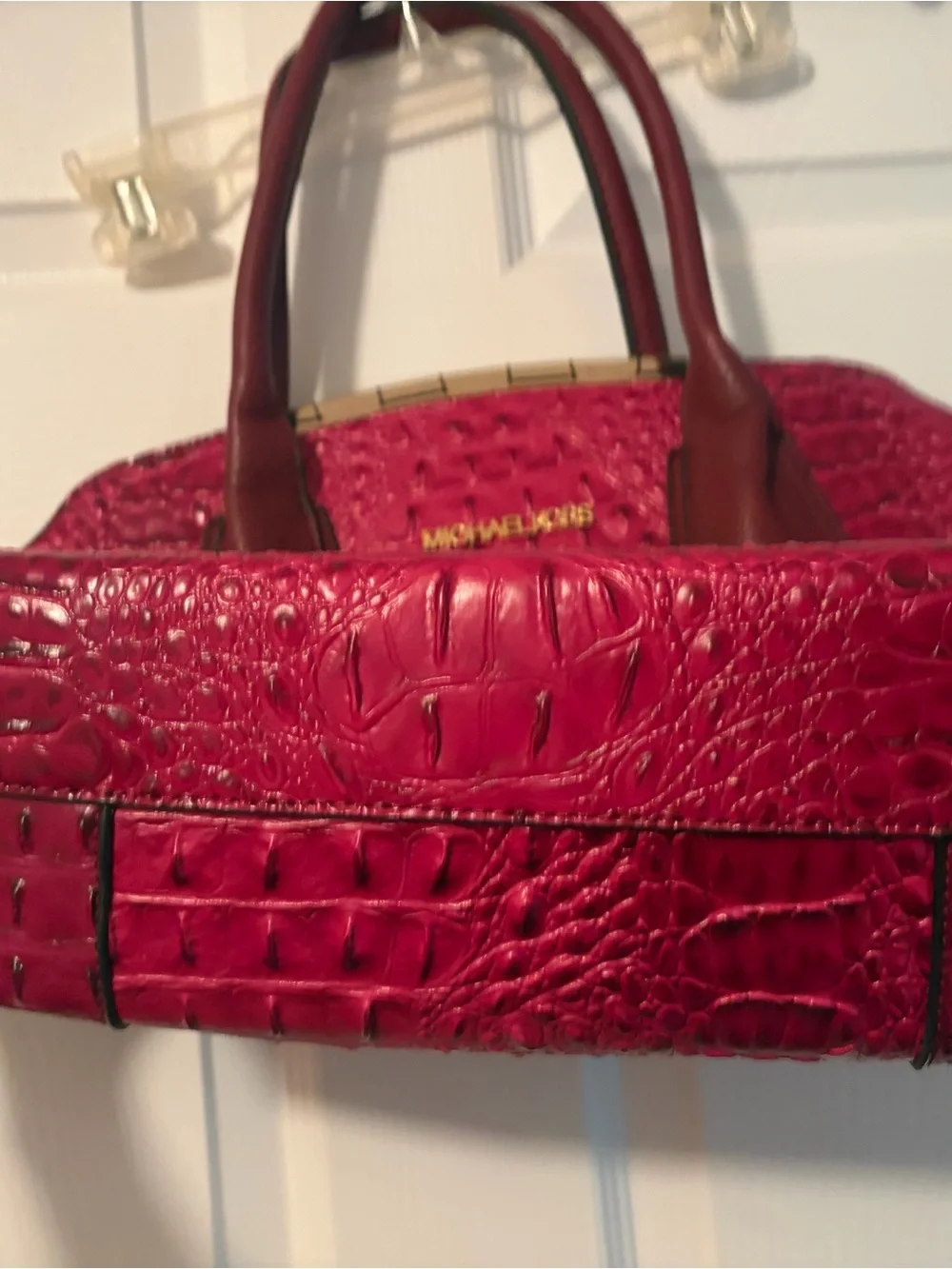 Michael Kors Fuchsia Croc-Embossed Tote with Dark Berry Handles + A GIFT 🎁